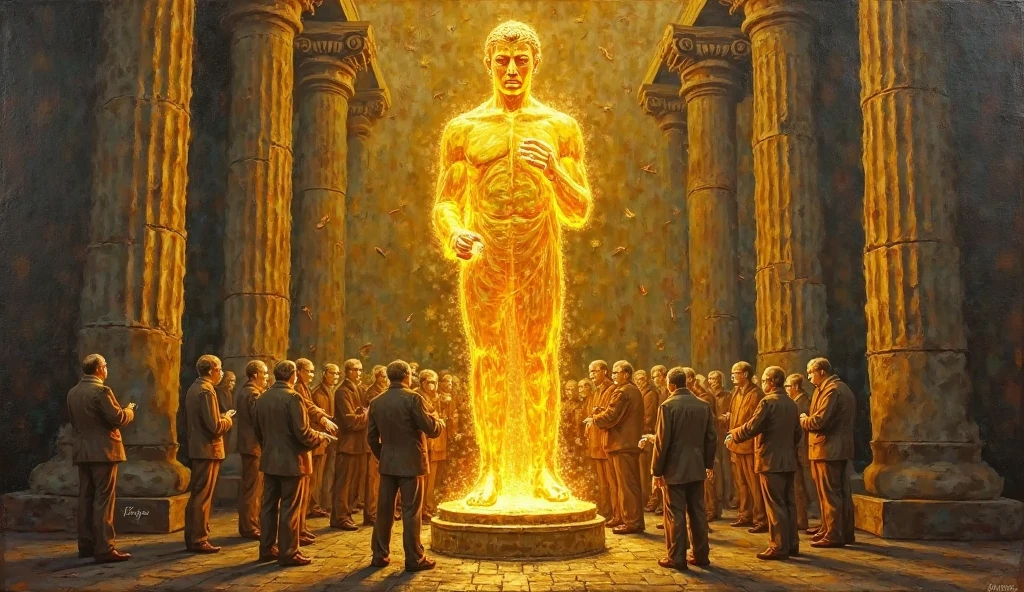 a colossal, (King Olympus) towering over the cityscape at night, Overlooking the viewer, with electricity. The creature's scales and spine should be detailed, resulting in shadows under dramatic lighting that suggest wealth and prosperity. In the foreground, include the (lion king) standing with his back to the viewer. set amidst twinkling buildings and scattered gold coins to convey the incomparable prosperity of the figure of Zeus.
