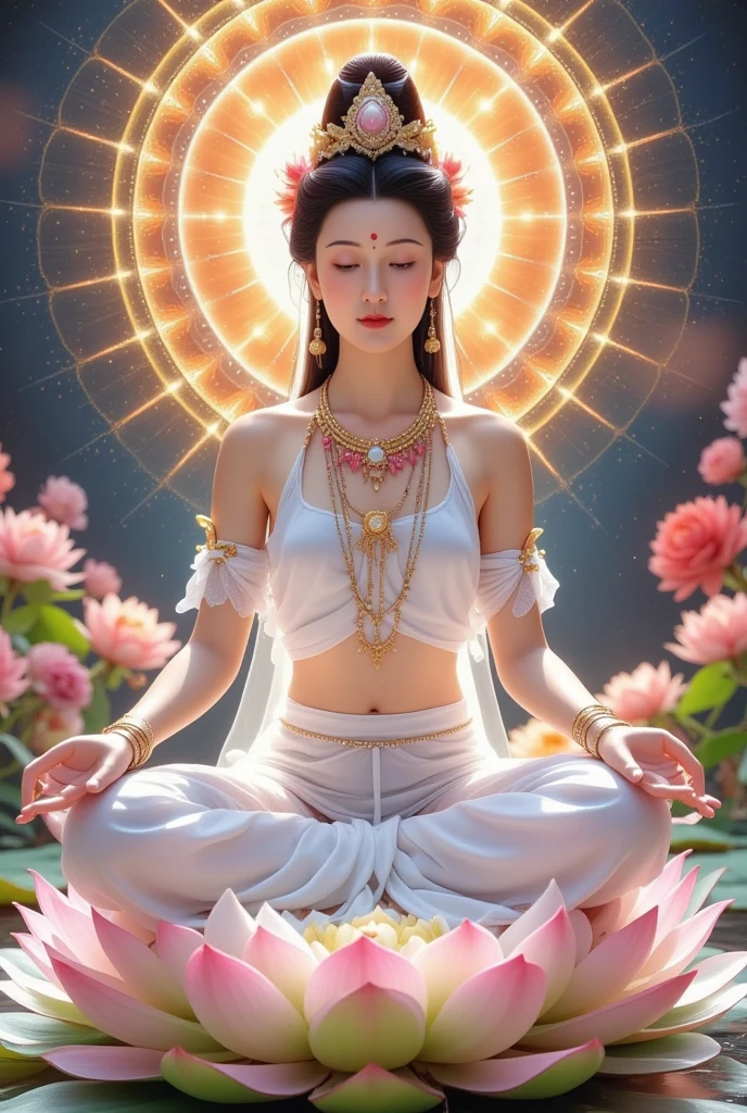 beautiful art，beautifull detailed face，tmasterpiece,tmasterpiece,超高分辨率,Buddha Mother in White,16 yaers old,Beautiful bodhisattva holding lotus flowers in his hands,((Beautiful big eyes looking at the audience)),(healthy-looking skin， Thin skin,二重まぶた,Jelly textured lips,Glowing lips,(((Flawless skin texture))),Real pores,White skin of the,ctextured skin,（Wear gemstones,pearls,hisui,amber,）,crown,choker necklace,Yingluo,jewelry,white  clothes,The head shines,Blue sky background,Flat background,Clean picture,Pure sky,Extremely high detail,Perfect Goddess,full art illustration,photorealestic,professional photoshooting,超高分辨率, best qualtiy, photore, 8K,（realisticlying：1.2),A golden glow overhead（The halo：1.2),golden headdress,Brighter,tmasterpiece,best qualtiy,Complicated details，Light environment and crystals in the background,crystal,Portal of the future,3D light,k hd,magia,God of Light,The light from the back window is backlighted,详细的脸,depth of fields,Gentle lighting,Tone-mapping,highly  detailed,concept-art,Smoothness,Clear focus,Dramatic lighting,highly detailed art,cinematic ligh,8K,amazing shadows（highly detailed back ground：1.2）The woman sitting on the lotus holds a lotus flower,（（Pink lotus）） --auto