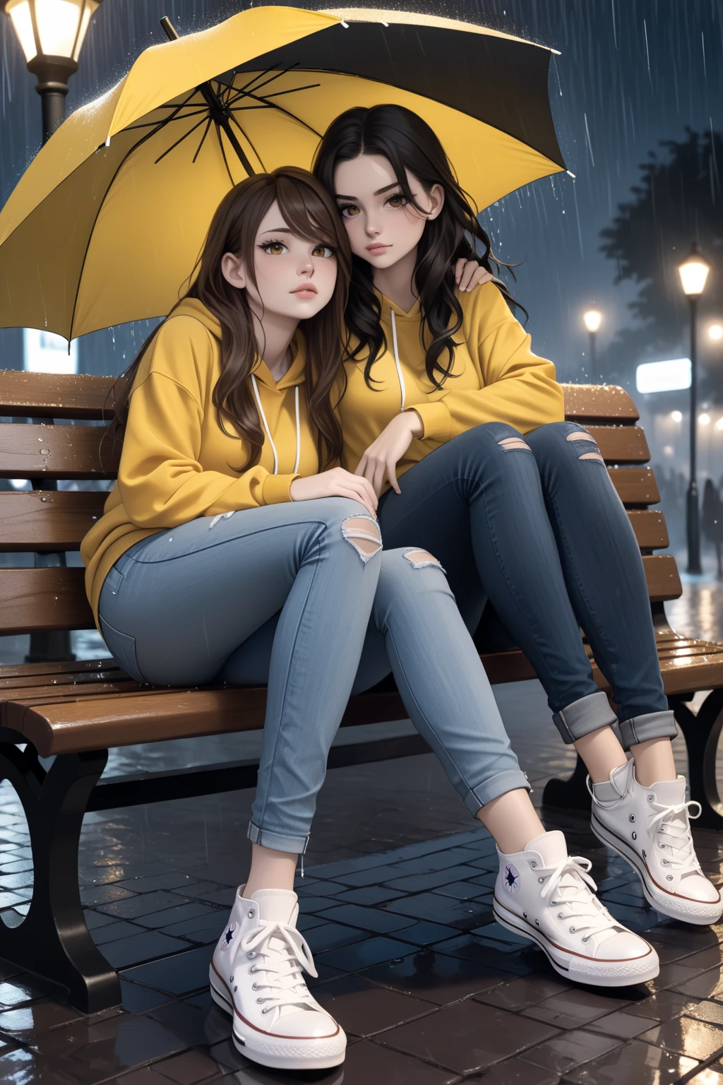 Two young women sitting on a park bench at night in the rain. Girl number one, on the left, sits curled up on the bench, legs folded under her, wearing a black hoodie, ripped jeans, and black sneakers. She has long dark hair, pale skin. Her color palette is desaturated, almost black and white. Girl number twoo, on the right, wears a yellow sweater, skinny blue jeans, and white Converse sneakers. Her shoulder-length brown hair, lightly tanned skin, and warm brown eyes glow softly, holding a bright yellow umbrella over both of them.