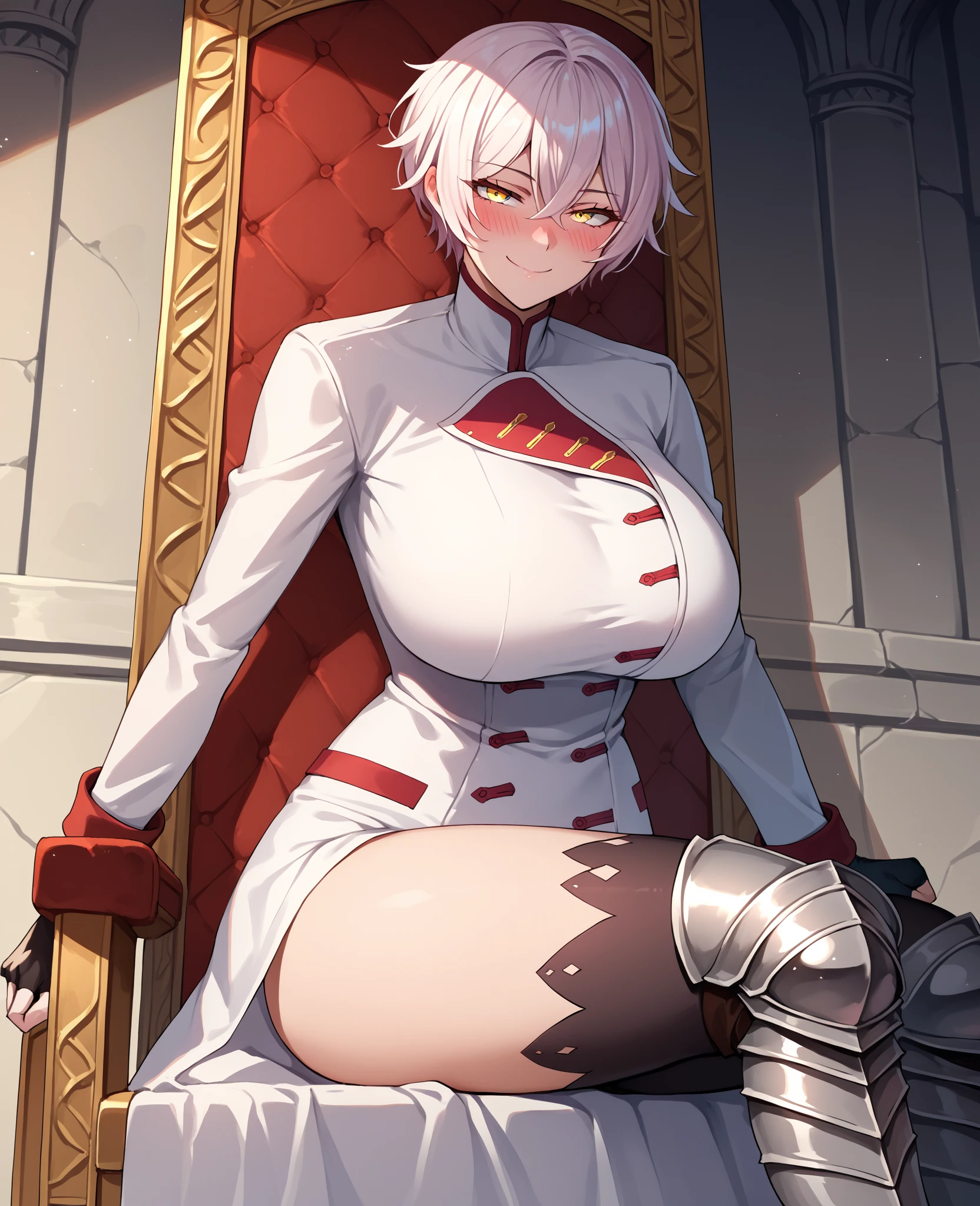 ((1 woman with penis, erect penis)),((with a cape on the back, with crown))),((medium breasts, bare breasts, erect breasts, grasping breasts)),((short white hair)), ((red eyes, calm face)),((standing, on a street, with an erect penis between his legs)),((in an evil haunted castle, at night)),((1 arm behind his back )),
