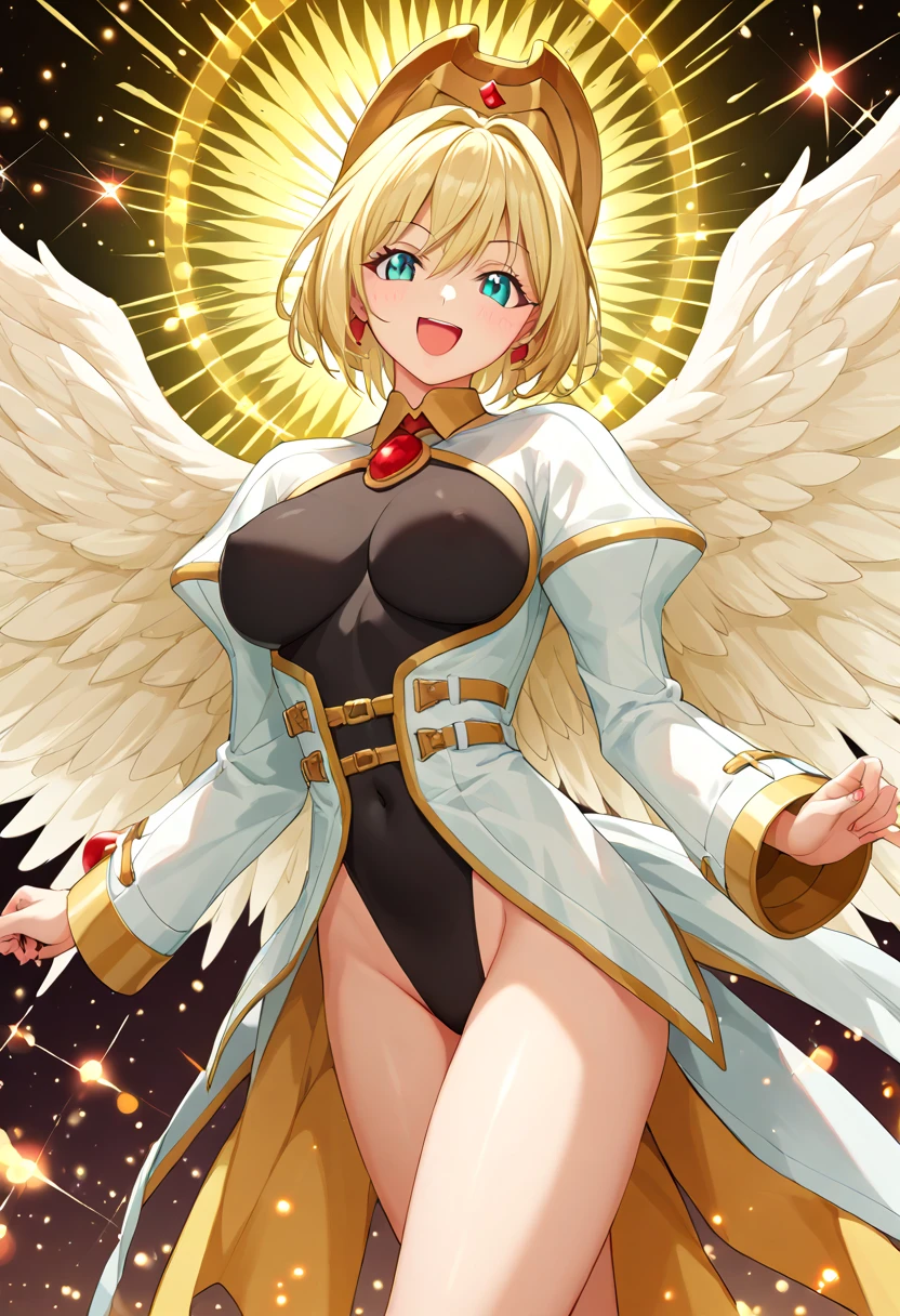 ((Best Quality)), ((Masterpiece)), (detailed), perfect faces, blonde hair, large breast, sexy, nude, naked, nipple, cum in pussy, breast milk, angel wings