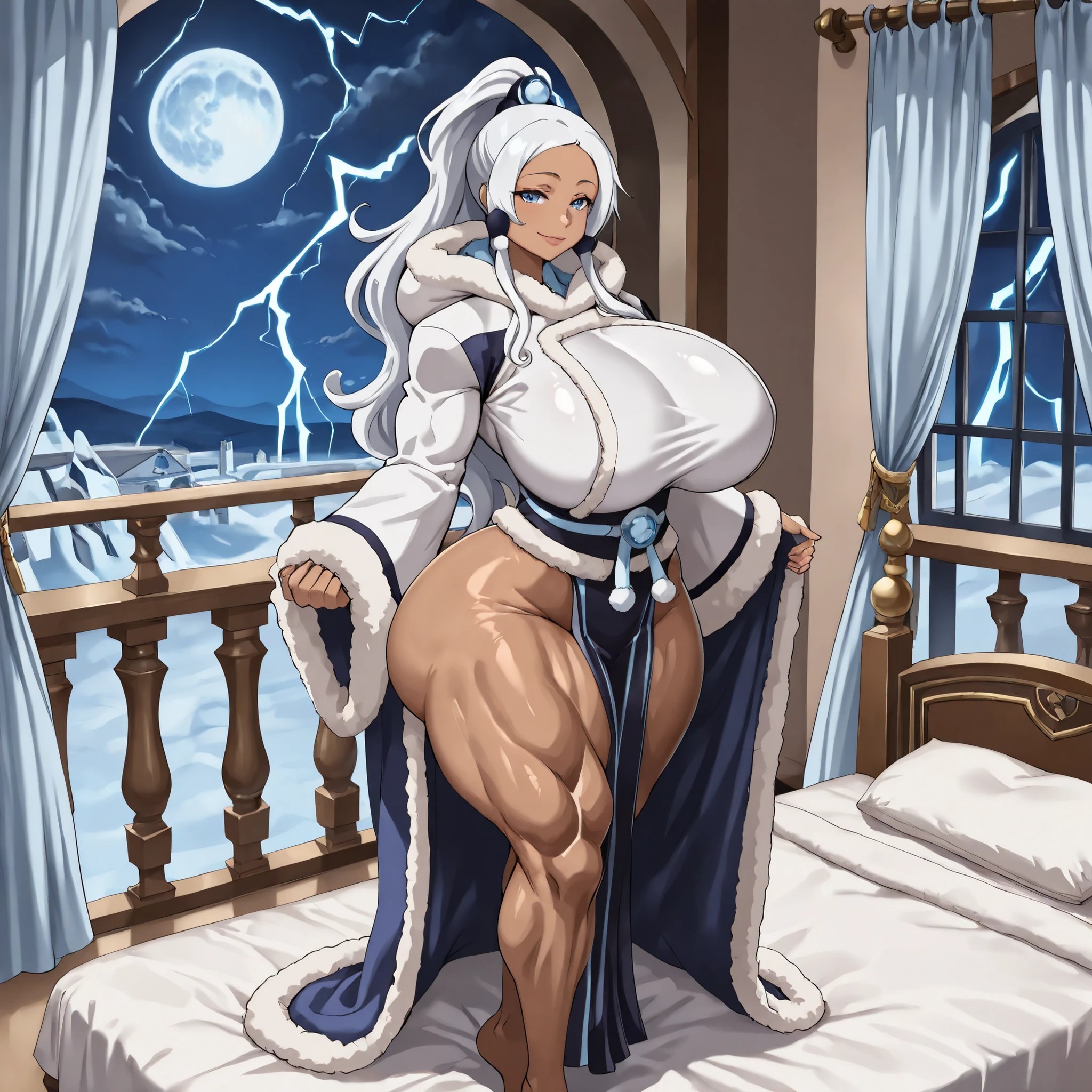 ((insane details, insane resolution, insane detailed background, beautiful detailed eyes, beautiful detailed face, 8k, Mastepiece, ultra quality)), princess yue, 1 girl, solo, long hair, blue eyes, ponytail, white hair, dark skin, dark-skinned female, 1wa0 ((huge breasts, huge butt, thick thighs, curvy hips, 8 pack, muscular, lean muscles,)), makeup, sidelocks, hair ornament, fur trim, hood, hoodie, long sleeves, coat, sash, ((full body view, side view of body, standing up, sexy seductive smile, in love, blue white hearts above head, looking at viewer, inside white blue Palace made of ice, inside white blue regal princess room made of ice, standing next to white blue regal bed made of ice, white pillows on bed, blue blankets on bed, at night, blue white blue moon outside balcony, blue white regal curtains next to balcony entrance, rainstorm outside window, lightning outside window,