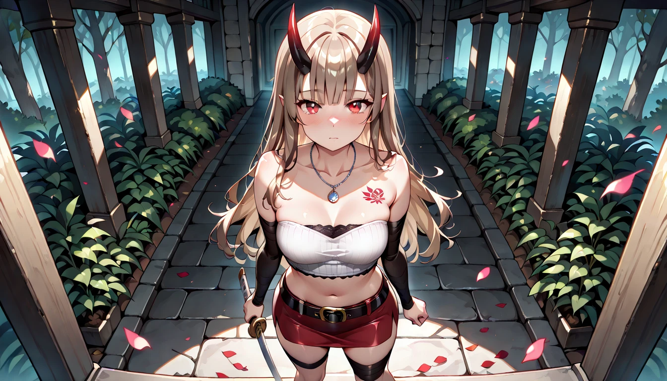 (Cape)、(((Red tattoo)))、（((Red Bikini)))、Beauty、(((Blonde twin tails)))、((whole body))、(((Photo taken from below)))、Night Sky、The background is a night forest