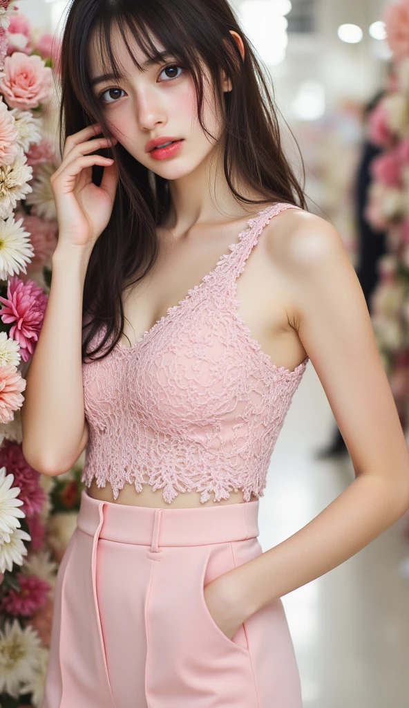 4k, 8k, ultra highres, raw photo in hdr, sharp focus, intricate texture, detailed skin,skin imperfections, realistic, detailed facial features, highly detailed face, posing,perfect lighting,long hair,black hair,makeup,close-up,face only, 4k, 8k, ultra highres, raw photo in hdr, sharp focus, intricate texture, detailed skin,skin imperfections, realistic, detailed facial features, highly detailed face, posing,perfect lighting,long hair,pink hair,standing,full body,necklace,lace top,long skirt,smile