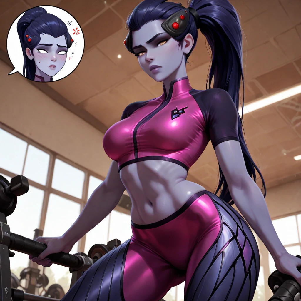 score_9, score_8_up, score_7_up, source_anime, (gym background), standing, realistic BREAK 1girl, solo, ((grey skin)).  looking at viewer, dutch angle, looking up, smile,, Goth raven form teen titans, (big ), hourglass body, ((wearing a light blue tshirt)), purple thighhighs, happy, thigh gap, , lips, red lips, lipstick, frames on the wall, BREAK, (purple fashion ) , purple hair, parted lips, high waisted panties,nail polish, , provocative, ((narrow waist)), looking at viewer, thighs, indoors, 