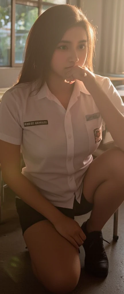 fotorrealista, mejor calidad, hiper detallado, foto amateur de aspecto natural, hermosa mujer joven delgada, cabello rubio muy claro natural, vistiendo un traje de colegiala sexy, uniform, (medias), Completamente vestido, lifting her skirt to show her shaved pussy, sin bragas, en el salon de clases, adentro, day time, (enfocado), sensual facial expression, textura de la piel con alegre 30G , ultra high resolution, mejor sombra, crudo, LUT de Instagram