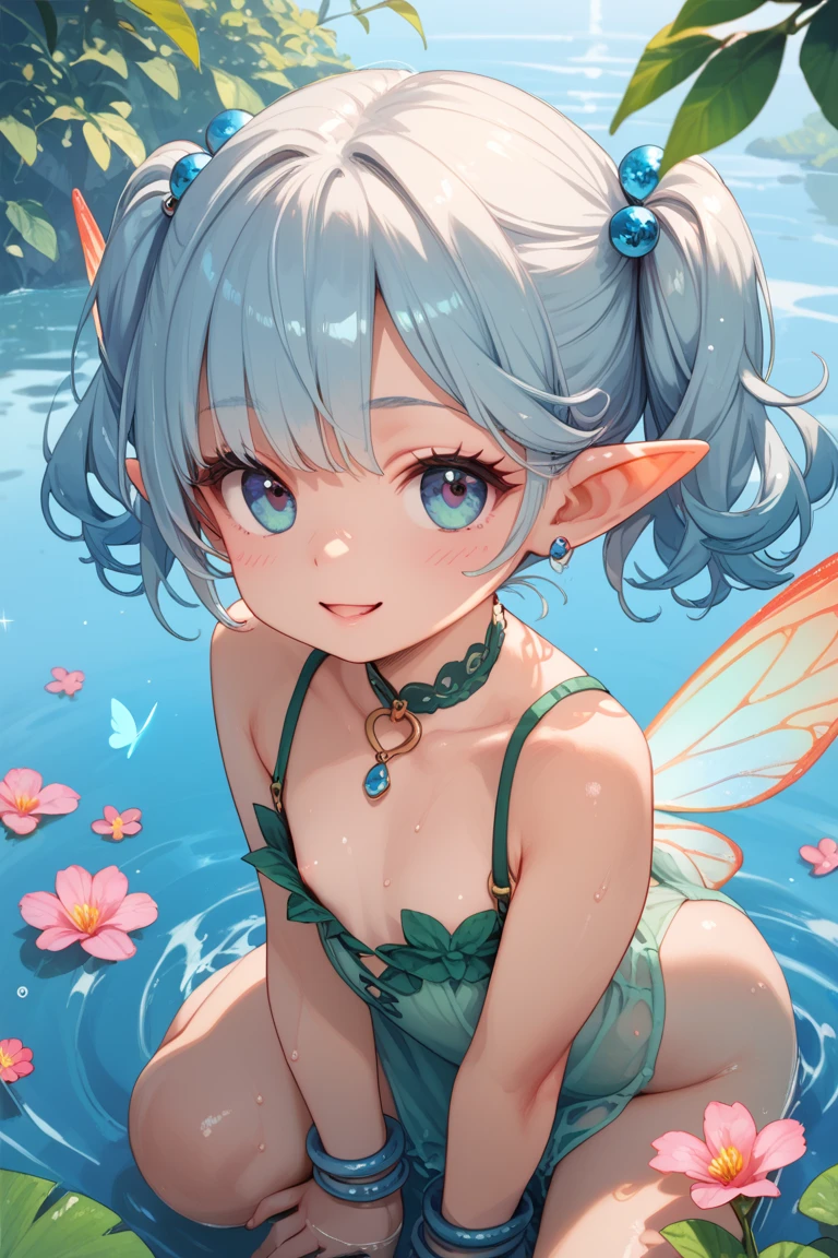 A strawberry plant with a few ripe strawberries and several maturing ones, dew drips off the plant, a silvery fairy dragon with big blue eyes is coiled under the plant looking longingly at ripe ones