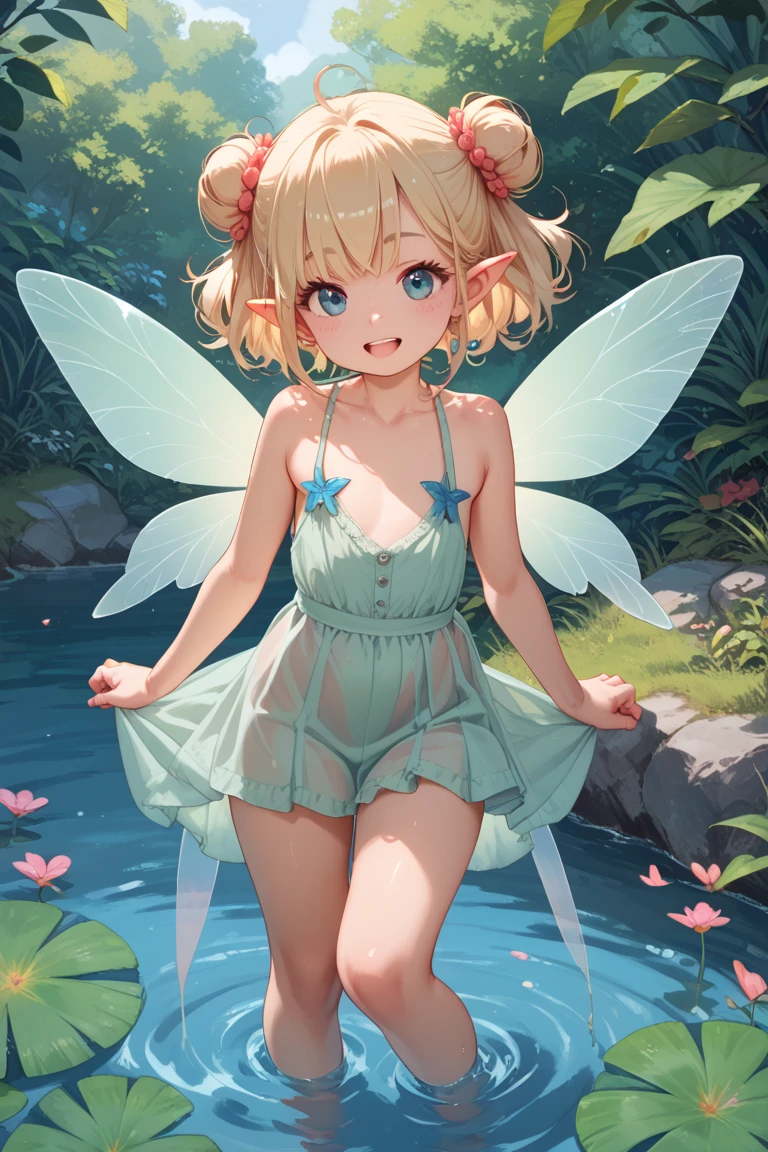 (((close up foot))), A little fairy girl is playing a prank, (Flapping its wings, it floats in the air)、(Aerial), (I look up at the girls from the ground.)、(The girls who surrounded me and hugged me)、((A laughing smile)), (Pixie)、(Butterfly on the back々Feathered)、Very little fairy、((Little fairy))、low length、(thin)、((5 years old girl))、(Transparent fair skin), (((child girl)))、Wavy、(Blonde Hair)、ponytail、Red scrunchie、((Forehead))、Big eyes、Grey Eyes, (Red leotard)、(covered nipples), ((Angle from below1.5)), light pink tights、Covered navel、(Thighs), crotch、foot, ((kicking)), (Angle from the bottom of the girl), (In the woods)、((Kick the penis))、1boy, ((Cast magic on the penis))、((lying big boy)), ((penis)), ((eject cum)), (((footjob)))