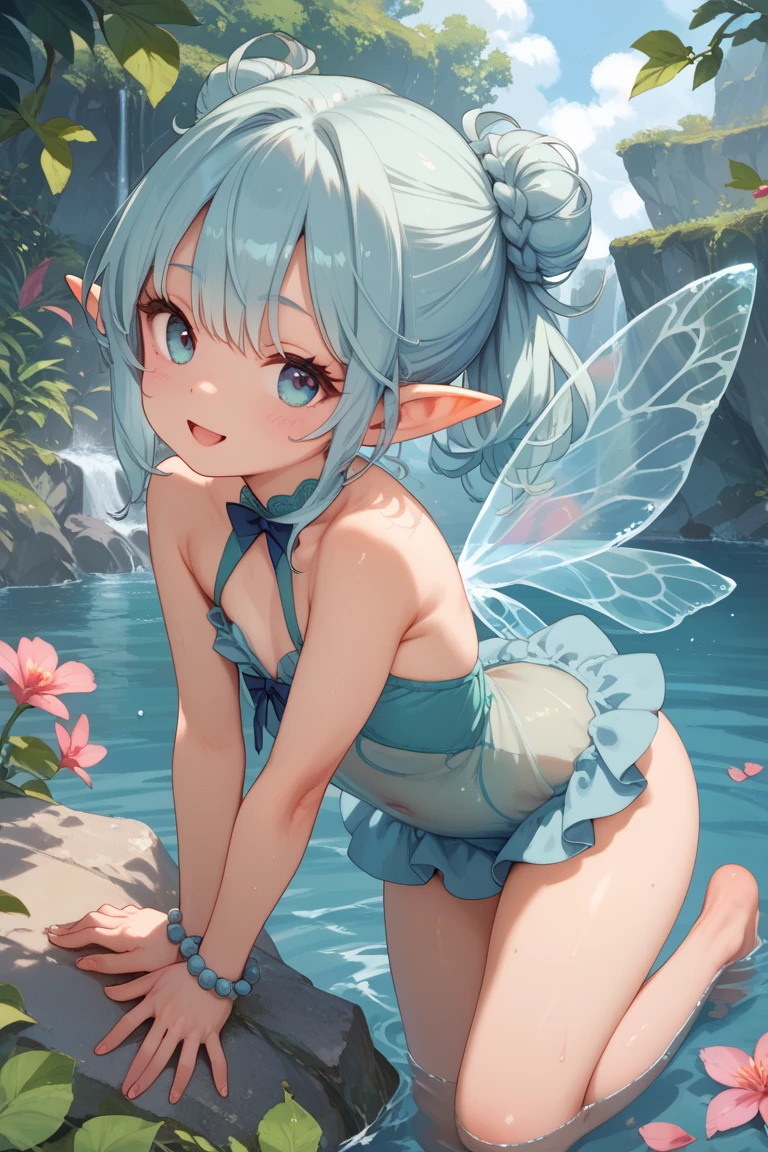 (best quality,highres),cute little innocent pure fairy with transparent wings,white mini dress,no panties,raping with penis,sleeping,closed eyes,ass view,pussy view,thick thighs,long light blue hair,laying on the grass,laying on belly,not smiling,ultra-detailed,portraits,vivid colors,painting-like,soft lighting