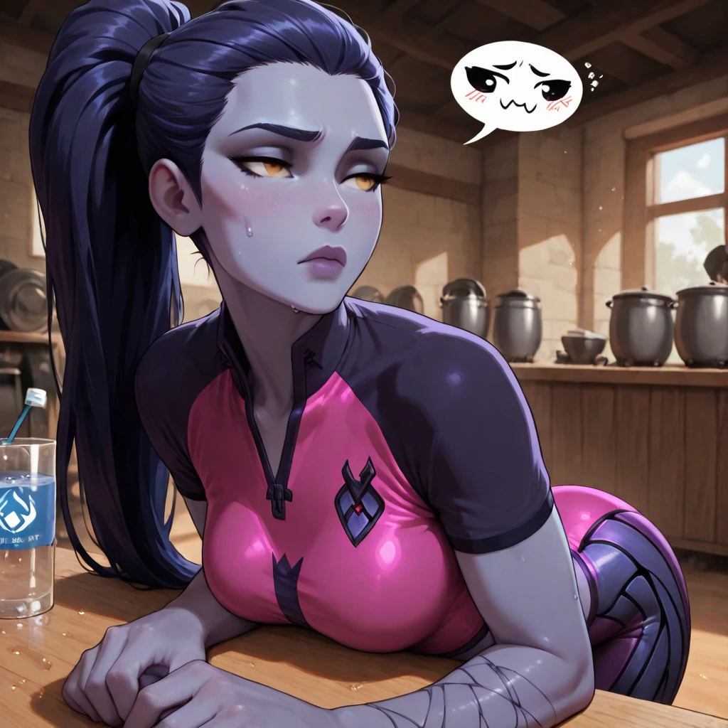 Raven, big cleavage, bikini, barefoot, full body, big bust, kneeling, eye contact, looking at viewer, blowjob, cheek bulge, crying