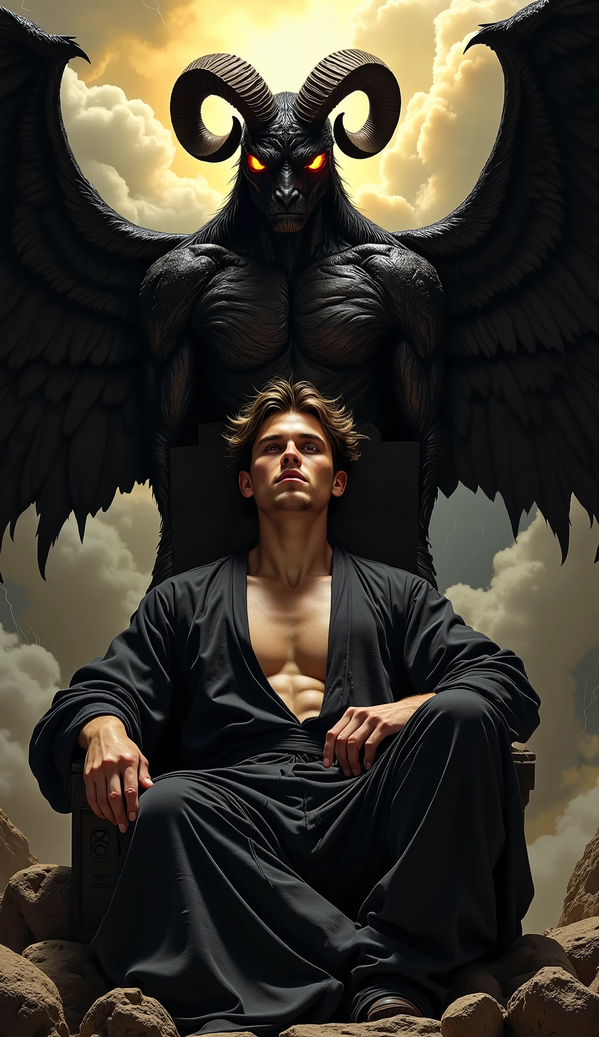 Hyper realistic, high detail, dark atmospheric portrait of a young man sitting on a stone throne, leaning back with relaxed dominance. He wears a dark open robe exposing his chest, his face lit by soft dramatic light from the left, casting deep shadows. Behind him, towering in silence, stands a demonic figure with the body of a winged black goat, massive curled horns and glowing eyes. The demon’s wings are partially spread, framing the scene. Thick storm clouds swirl in the background, with a golden glow filtering through. The demon appears as the man’s dark guardian, watching over him in eerie silence. Dramatic chiaroscuro lighting, painted texture, oil painting style, cinematic mood, baroque composition, 3/4 angle view.