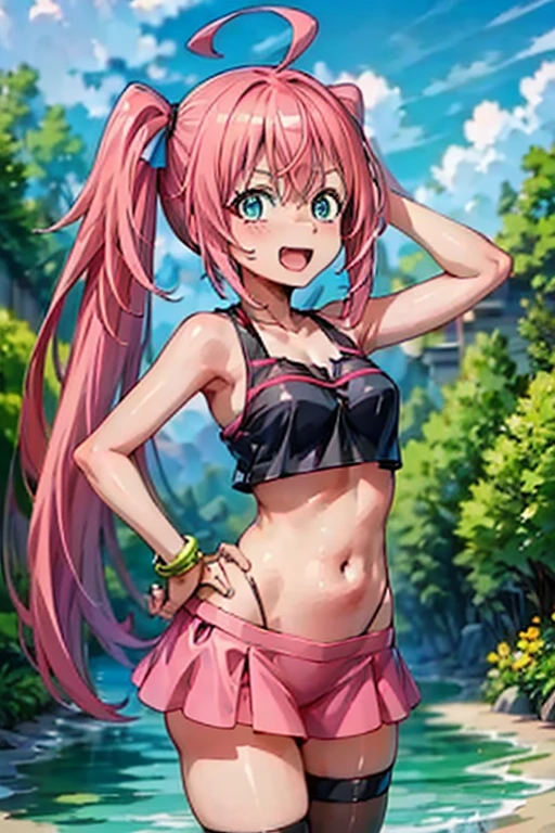 (masterpiece, best quality), best quality, (ultra-detailed), (3heads:1.5), 1girl, (mystia lorelei:1.3), masterpiece, best quality, ultra quality, ultra resolution, ultra detail, white and pink top, crop top, ((stomach)), midriff, ((groin)), dark pink skirt, normal ears, shackles, dark pink hair, very long hair, wavy hair, sidelocks, green eyes, parted lips, sweat, cute, toned belly, hand on own chest, eyelashes, (24 year old woman:1.3), (masterpiece:1.5), (best quality:1.5), (beautiful detailed), extremely detailed CG, extremely delicate and beautiful, depth of field, (finely detailed face), (perfect details:1.2), (mature female:1.3), wide pelvis, slender, large veiny breast, 16k resolution, highres, high quality, high definition, extremely detailed, masterpiece, dark pink hair, long hair, alluring presence, braid, short skirt, close up, big tits, young, (girl with three heads),