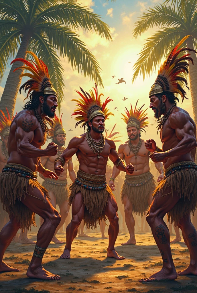 Holocene period, dark cloudy day with black clouds in the sky, Amerindian men with their backs to the observed, wearing feathers and plumes with shell necklaces from shore and Amerindian Neanderthal women, small stature,sturdy body, Chove forte, chest covered with colorful feathers and plumesfeathers covering the torso, , brown skin aborigines , savages wearing only a few colorful bird feathers , just dirty skin grandpa feathers, catching fish, turtle shells on the ground..lots and lots of shells on the floor, floor full of shells and seaweed few feathers cover the body , no clothes under the feathers no straw disheveled hair, hair spread out, messy hair, ugly hair masterpeiece on a remote beach in a sunny manan with lots of oysters, fish bones and on the floor , searching for shells on the sand, dead fish on the sand, piles of shells nearby