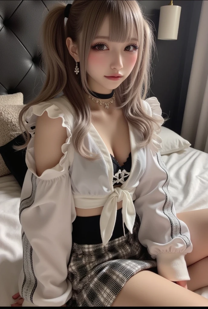 完美身材美丽的女人:1.4,分层发型,突出的乳沟,高度详细的面部和皮肤纹理,双眼皮,美白皮肤,长发,美白的大长腿,金发,(比基尼,超短裙,白色连裤袜)站在客厅里
