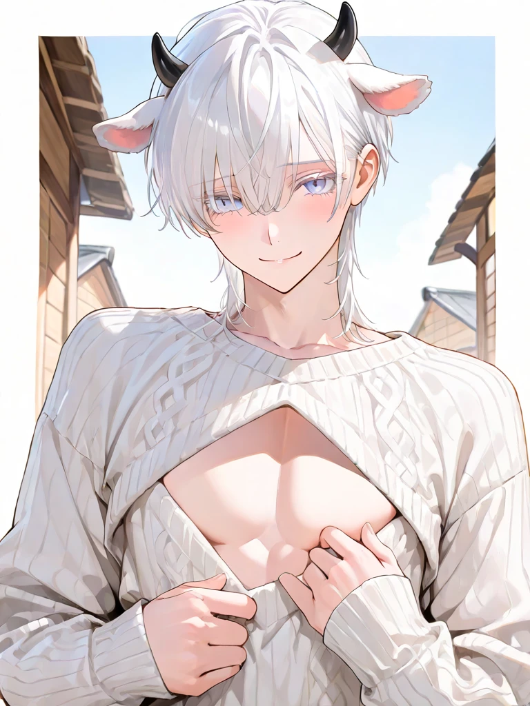 kemoshota, naked scarf, red scarf, dynamic angle, albino white rabbit boy, rabbit boy, rabbit body features, heavy breath, naivety, innocent, collar with a bell, sweat, sweat drops, short statue, short height cub boys, baby boys, 8 years old body features,  mascot boys, boys love, mascot, close-up