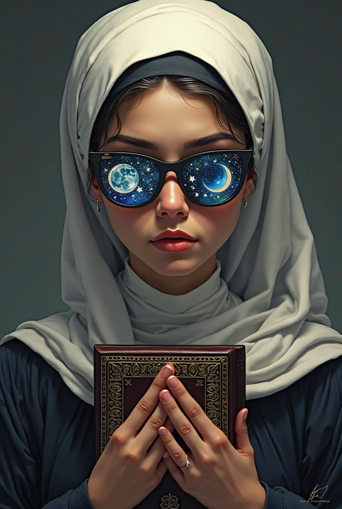 Israeli woman, night, the sky appears milky way, deep, she is thinking with a gorgeous Bible in her hand, thick eyebrows, dark green turban, beautiful, wise, classical, close-up, ultra-realistic, 9:16 size --auto --s2