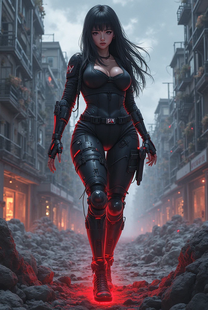 Beautiful girl, super busty, dark black hair, blue lipstick, dystopian future, tattoo on right arm, tattered hood, full body picture