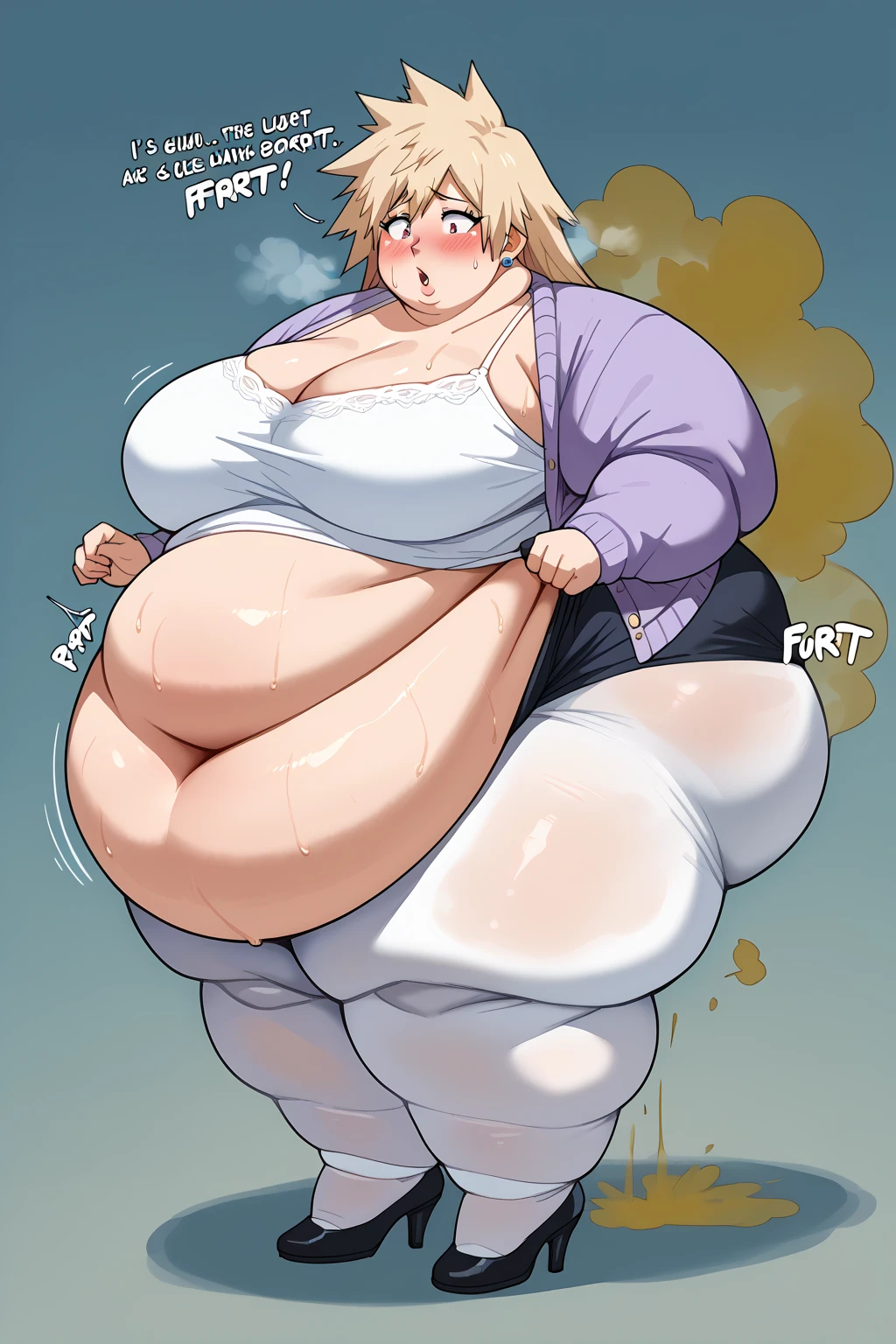 Super Pochaco wearing nothing but underwear, (underwear only:1), (white underwear, white panties, white bra:1.2), thick, chubby, thick thighs, large ass, from behind, (huge breasts, gigantic breasts, sideboob:1.3), ultra detailed panties, masterpiece, best quality, ultra detailed (wet panties:1.1), see-through, (simple background, white background:1.4), (photorealistic:1), smile, looking back