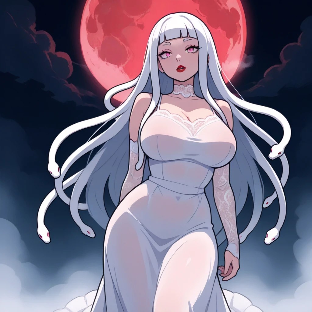 Masterpiece, 1girl,solo,huge breasts, ghost costume , (hitodama) ,night, tombstone, graveyard, long sleeves, very long sleeves, , ghost, pale skin,, off shoulder, cleavage, no bra, (((extremely long white hair))), standing by tombstone, bare legs, shredded tattered clothes, curvy wide hips, massive breasts, chubby thighs, (((beautiful bright pink anime eyes))), japanese graveyard, full lips, beautiful mature face, MILF dark lighting