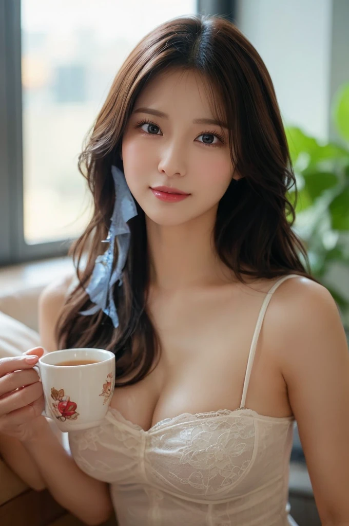 masterpiece, photo of a Young girl in a white lace camisole, solo, No Bra, absurdity, realistic(face, body, skin), (cute:1.475), cuties, (big breasts:1.275), detailed black eyes, innocent eyes, blusher, sheer fabric(loose black open jacket:1.2), ((one side bare shoulder)), jewelry, earrings, ((messy bob hair:1.1)), cherry colored lips, closeup, look at viewer, long hair, upper body, open lips, upper teeth, (smiling eyes:0.375), ((grinning:1.125)), Sitting on a chair, cafe, Tables, depth of field, indoors, cinema light, blurred background, eye focus, Bokeh, Professional Lighting, Portrait, Photon Mapping, Radiosity, Physically Based Rendering, soft light, film grain,