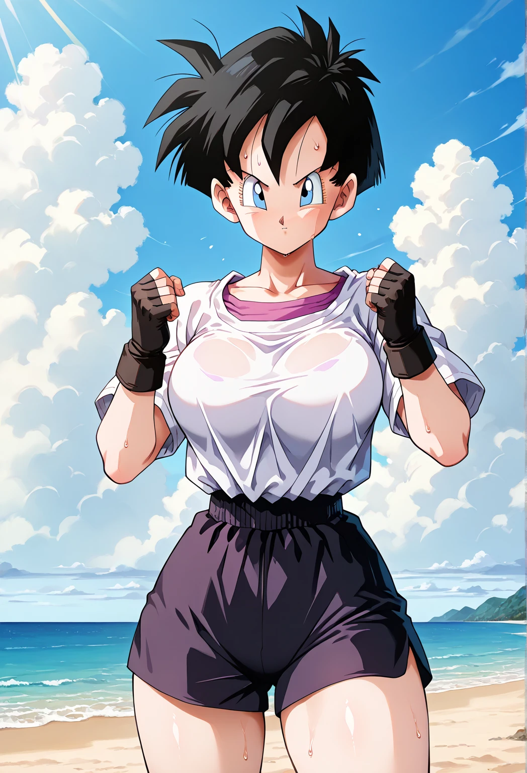 Videl, official style, Day, Standing on the beach, Sunshine, hardly any clouds, 1 girl, Alone, looking at viewer, black hair, Short hair, white shirt, Short sleeve, blue eyes, Black fingerless gloves (thick thighs) ((sweat)) Large Breasts (F60), 1990s (style), narrow waist, Trained, Standing in a combat-ready martial arts pose, posture ready to attack, friendly look, standing sideways to the viewer, narrow Black Shorts,