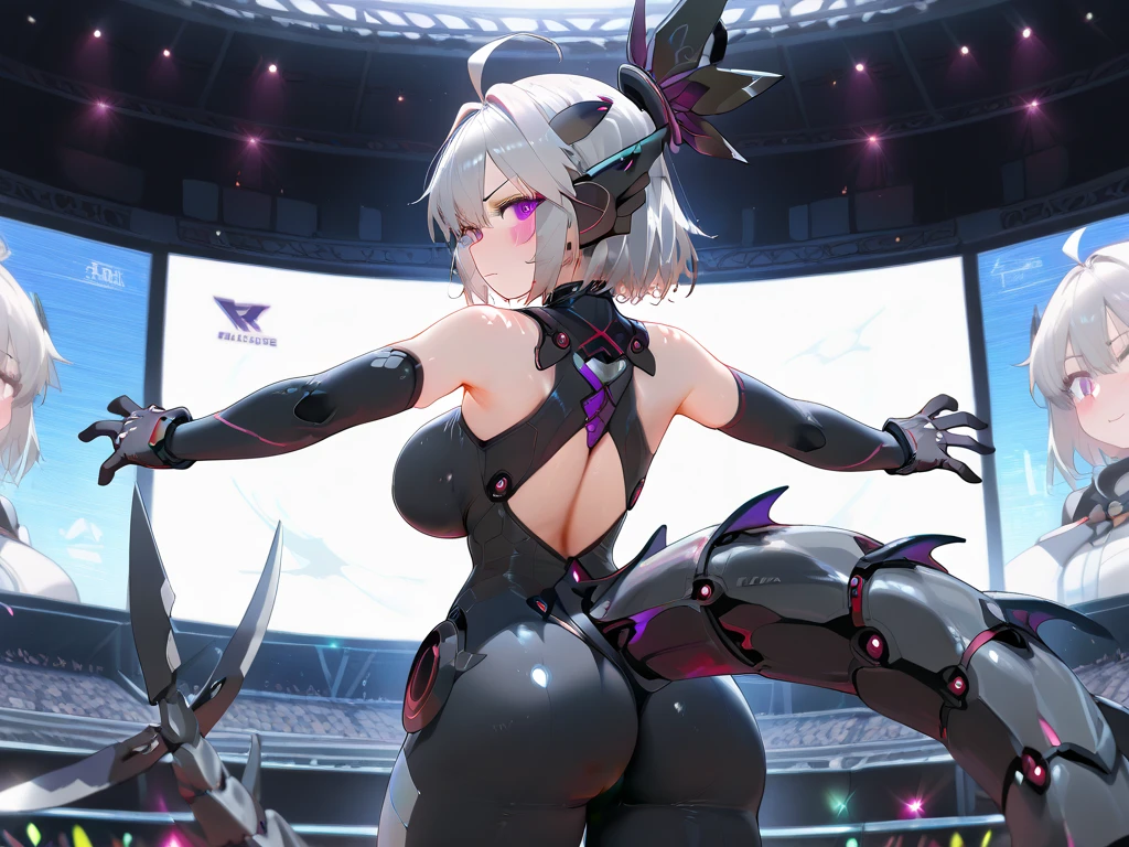 score_9, score_8_up, score_7_up, score_6_up, uncensored, zentreya, zencyber, short hair, white hair, hair ornament, yellow eyes, slit pupils, BREAK (masterpiece:1.2), best quality, high resolution, (beautiful detailed eyes:1.3), perfect lighting, (perfect hands, perfect anatomy), hearts, pleasured, huge breasts, 1girl, solo, flexible, feet, toes, wooden floor, looking at viewer, spread legs, full body, soles, toeless legwear, ass, wide spread legs, stirrup legwear, breast curtain, no shoes, black bodysuit, handstand, legs,  partially fingerless gloves, split, gloves, black gloves, blush, thighs, outdoors, tiptoes