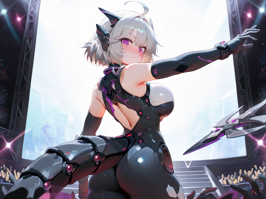 omega_tpa, 1girl, earrings, black armor, lipstick, pale skin, ponytail, ass, looking back, electronic panels, all fours, indoors, computer, highly detailed, absurdres, masterpiece, <lora:Omega-F Kangaxx:0.9>