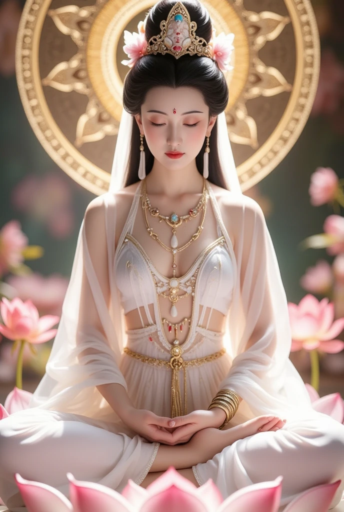 In the void, Beautiful goddess standing leisurely in a garden wonderland，The wind blew streamers and flew up，Five-colored cloudy sky，Perfect body posture，Barefoot，Beautiful eyes sparkle，The large, Jewel-like eyes sparkle，Clear pupils have reflected light，二重まぶた，Lying silkworm，（（Plump and rosy lips））Nipples clearly visible，（（Flushed cheeks）），The mandible is plump，Fair skin is delicate and smooth，Delicate skin translucent，A delicate and dexterous crown，inlaid gemstones，Exquisite and ingenious，inlaid gemstones，Sitting on a light red lotus in the air，look straight at the camera，(((nice hand)))，（（（（Good feet））），（（（good legs））），realisticlying，white skinned，（（Correct body structure）），White clothing，decorated in white，baiyun，Blue sky，Head background with round light，Behind him is a colorful rainbow circle，Color glow is turned on，Front lighting，Positive light，No shadows on the face，There are no shadows on the body，Blue sky，Unreal space，ethereal world，dreamworld，with blue sky and white clouds，tmasterpiece，4K，ultra-definition，professional photoshooting，Standard lens shooting，