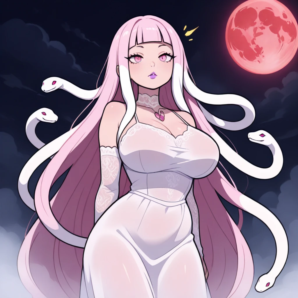 score_9,score_8_up,score_7, source anime, BREAK,1 girl, solo, snek_DP, lamia, yellow tiara, yellow eyes, very long hair, sidelocks, grey hair, black crop top, breastless clothes, detached sleeves, black sleeves, purple choker, gem, big breasts, purple skin, purple nipples, forehead jewel, purple snake tail, pink nails, sharp fingernails, post-apocalypse, crumbling city on background, late night, moon, dark alleyway, detailled face, looking at the viewer, low angle, looking down, reaching out the viewer with one hand, annoyed face,