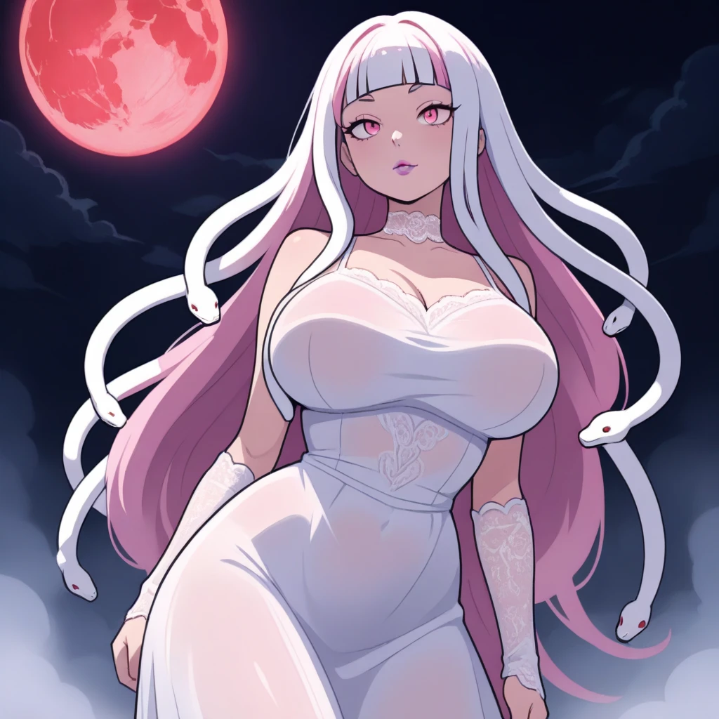 Masterpiece, 1girl,solo,huge breasts, ghost costume , (hitodama) ,night, tombstone, graveyard, long sleeves, very long sleeves, , ghost, pale skin,, off shoulder, cleavage, no bra, (((extremely long white hair))), standing by tombstone, bare legs, shredded tattered clothes, curvy wide hips, massive breasts, chubby thighs, (((beautiful bright pink anime eyes))), japanese graveyard, full lips, beautiful mature face, MILF dark lighting