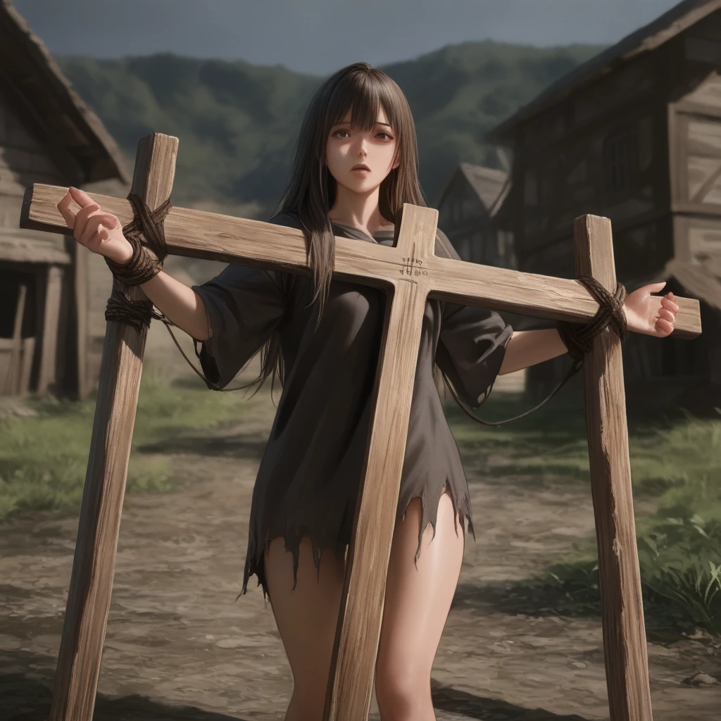 Pillory from front, photo of a sexy curvy beautiful brunette girl with perfect breasts and nipples, standing, tied up, look at camera, <lora:Pillory-v2-Test:0.8>, with a seductive demure, country outdoors, night time, night lights, spot light, masterpiece, best quality, Intricate, High Detail, film photography, detailed skin texture, golden ratio,close up shot, photorealistic, photorealism, photoshoot, photographed on a DSLR CAMERA, <lora:westworld_offset:1.0>