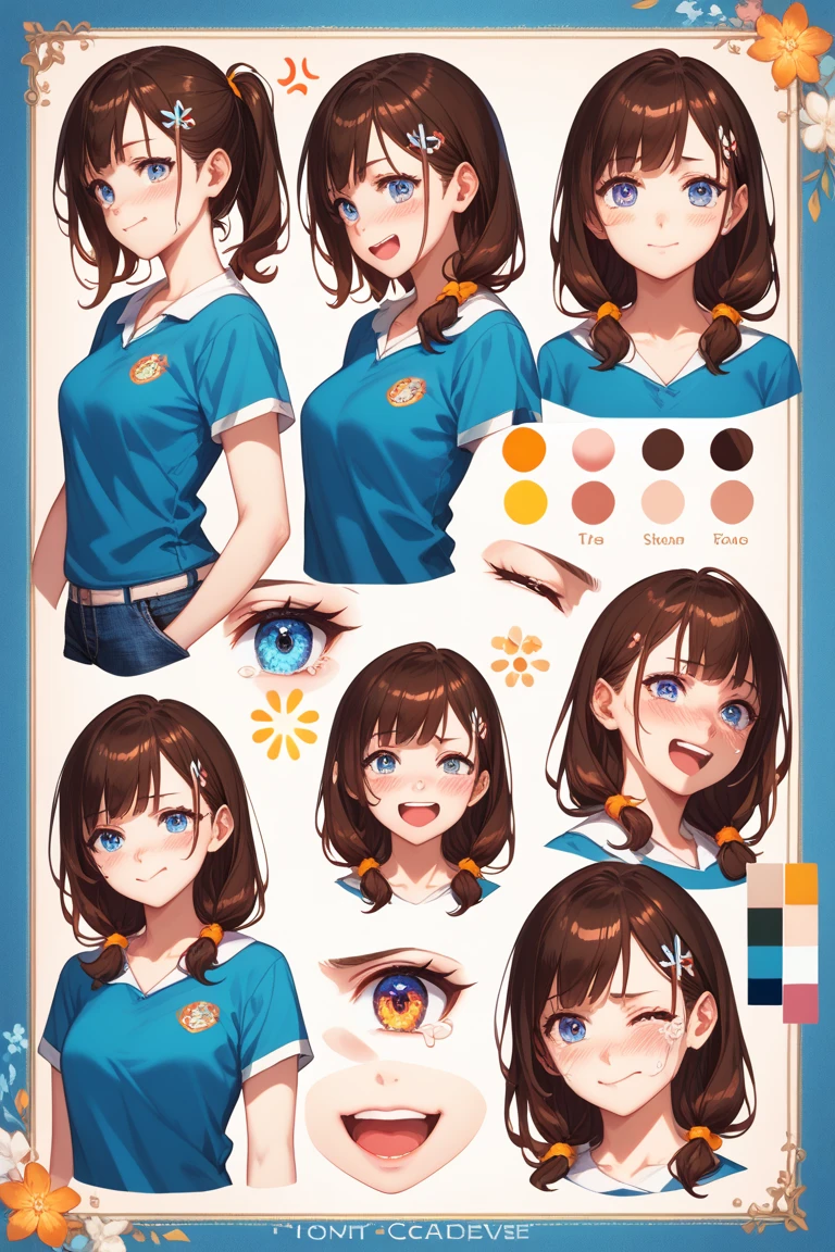 a cute anime girl original character showing a variety of emotions, displayed as a character sheet, multiple facial expressions including happy, sad, angry, surprised, embarrassed, shy, smug, and crying, detailed body language, clean layout, pastel color palette, expressive eyes, soft lighting, high quality, character design sheet style, OC Emotion Codex
