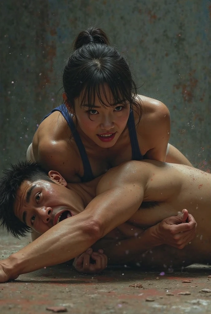 two naked bloody pretty young japanese girl fighters are fighting so hard. they have boxing in a ring. they are groggy. they have short-cut black hair, shortness of breath, drool from her mouth, one closed eye, exhaustion, and sweat soaked. open finger grobe. full body. Muscularity. Six pack abs.