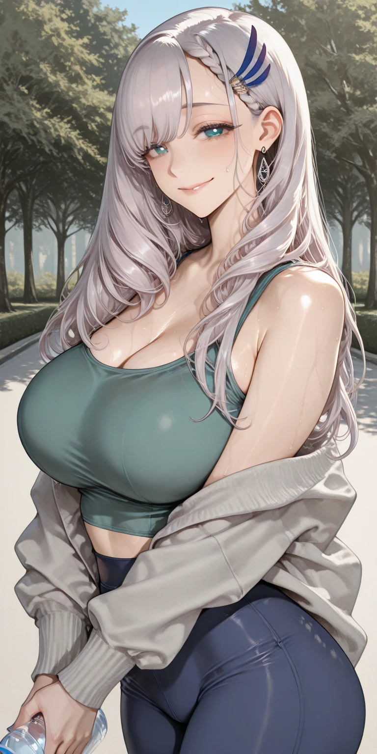 Hot sexy beautiful gothic milf ,big long silver chandelier  earrings,white hair,blush,blue  eyes, necklace ,blunt hair, lipstick,big
 breasts , jacket,bra,thongh pants lying on bench in garden, 
