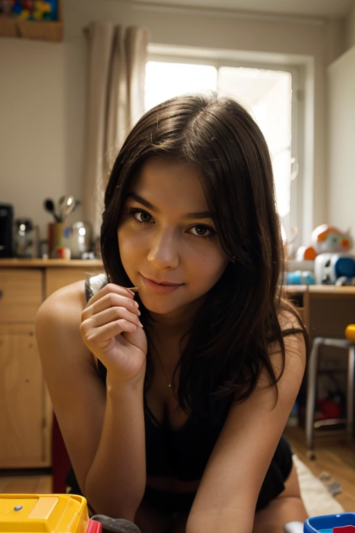((Best quality)), ((masterpiece)), (detailed), perfect face, obedient expression, Young, nubile girl, wearing a ripped red sweater croptop, wearing ripped jean shorts, wearing collar and leash, leashed to a table, barefoot, on all fours, lying on top of a table, on a table, in a kitchen