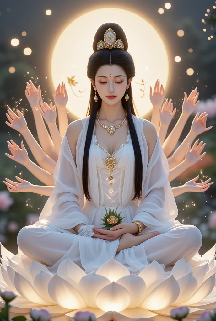 Unprocessed Photos, realistic, ( Photo Writing: 1.3), best quality,  masterpiece, super detailed, Extremely detailed, 8K Wallpaper, realistic Detail, movie lighting, best quality,  One with an extremely delicate and beautiful body，A girl reminiscent of the Thousand-armed Avalokitesvara, PERFECT FACE, delicate facial features,  Countless slender arms,  Thin eyelashes, delicate eyes, Soft and fair skin, sexyな鎖骨, ((A transparent light-colored robe)), , [bare shoulders, Charming and beautiful, Stomach, belly button, wonderful, sexy,  natural makeup , Long hair curled , , ,A tantra woman,  fine facepalm , ((Sitting cross-legged on a lotus pedestal decorated with flowers))、((Naked tantra princess practicing yoga on lotus flower meditating)), （(( Put your palms on your chest.、Another arm holds a chakra Tantric on her knees, Like the Thousand-armed Avalokitesvara, Eight of them grow symmetrically on both sides of the body.))）, (((( A A girl resembling the Thousand-armed Avalokitesvara, Ten arms grow symmetrically from both sides of her body and back.)))), Meditating and training chakras, Stretching her arms straight up, Symbolizing peace and relaxation. , The background is a natural and vivid painting、 The motto of inner happiness and prosperity,  One in gorgeous clothes，Ancient Chinese beauty with delicate and light embroidery on her clothes, , flow, belly buttonを見せる, [bare shoulders, (( Gold placket and hair bun, Flower hairpin,, earrings, Bracelet, Anklets ,  Metal chain tassels at the waist, , (( The clothes are inspired by the murals of the Flying Apsaras at Dunhuang .)), , CG station  , Very exquisite facial features , Cross legs meditating .  Her body is partially covered by a thin cloth. A golden magic circle spins behind her.  A magical aura surrounds her... 画像はbest qualityです,  8k resolution, super detailedで写真のような視覚効果が表示されています.(((A perspective that captures the entire scene with a long lens)))