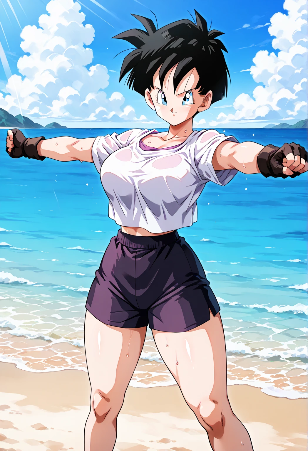 mulher baseada no personagem videl, posando sozinha corpo todo, wears a low-cut white tank top and latex shorts, cabelo preto, lean chest, peitos grandes redondos empinados, cintura fina, quadril largo, bunda grande e redonda, coxas bem grossas.