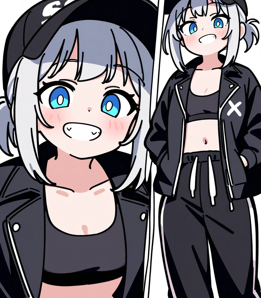 (masterpiece), (best quality), ((ultra-detailed)), (high resolution), (an extremely delicate and beautiful, super fine illustration), official art, BREAK (1girl), (:1.8), (tiny girl:1.6), (8yo)lat chest:1.4), Plump, (Thick thighs:1.8), (big ass:1.5), erect nipples, Huge areola, large nipples, (long nipples:1.4), erect nipples, oily skin, BREAK droopy eyes, (emerald blue eyes:1.3), (bad mood:1.5), (clear face:1.5), (half closed eyes:1.8), BREAK (bob cut:1.3), tired hair, messy hair, blue colored inner hair, Black hair color, (girl wearing round black glasses), BREAK (cropped white tank top:1.7), (cropped black jacket:1.3), (micro shorts:1.5), (pink sneakers), (front view:1.5), full body,