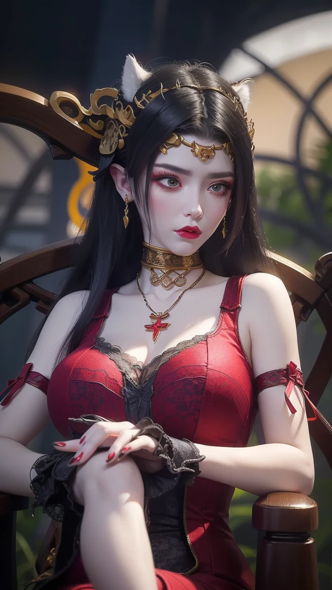 succubi，Wear crimson jewelry accessories，The red lips are slightly ostentatious，Exudes an aura of darkness。