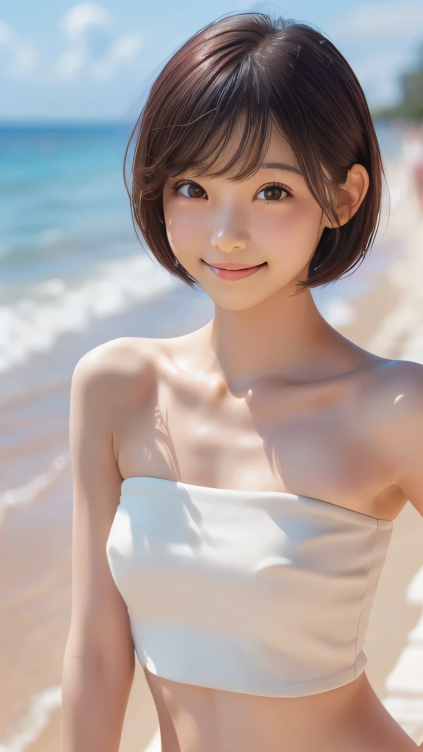 ((sfw: 1.4)), ((sfw, bandeau bikini, beach, bony body, extra short hair, sidelocks-hair, smile, 1 girl)), ultra high resolution, (real: 1.4), RAW photo, highest quality, (photorealistic), focus ,Soft light,(()),((Japanese)),(((Young face))),(Surface),(Depth of field),Masterpiece,(Photoreal),Woman,Bangs,( (1 girl)