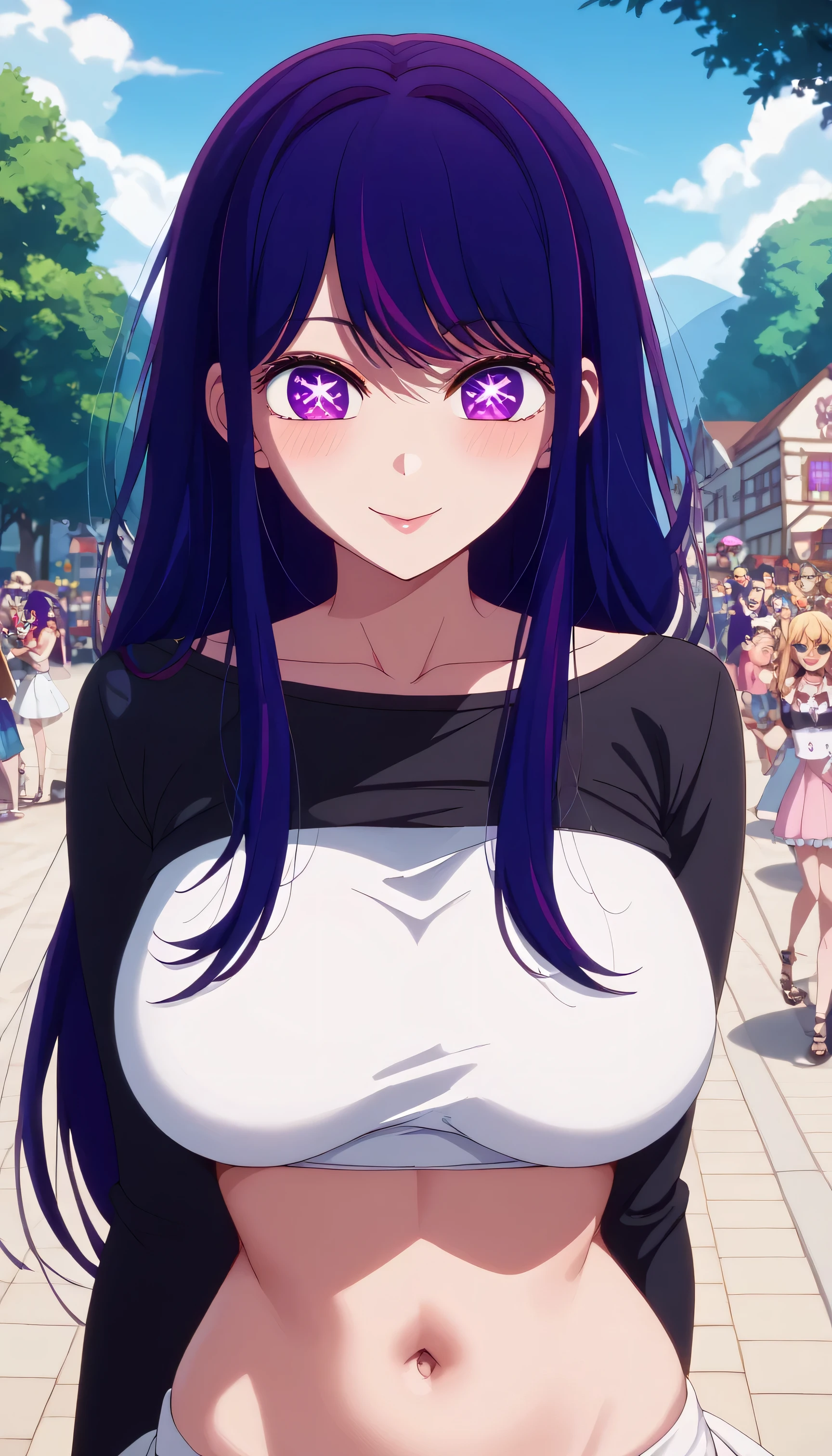 ai hoshino、long hair、 bangs、 purple eyes、purple hair、symbol-shaped pupils、Outdoors、Enchanted Valley、Seductive Navel 、rabbit cosplay、Gothic ta、very big breasts、18k resolution、masterpiece、best quality、