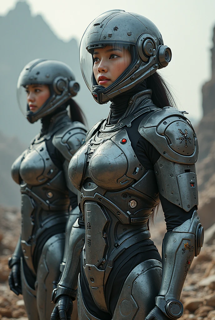 2girls, NSFW, (((medium shot))), upper body, attractive, young, muscular, (topless) women, indoors, looking at camera. (((Smirk))). Abs. Asian. Short hair. Beautiful eyes, perfect eyes, ((scifi))