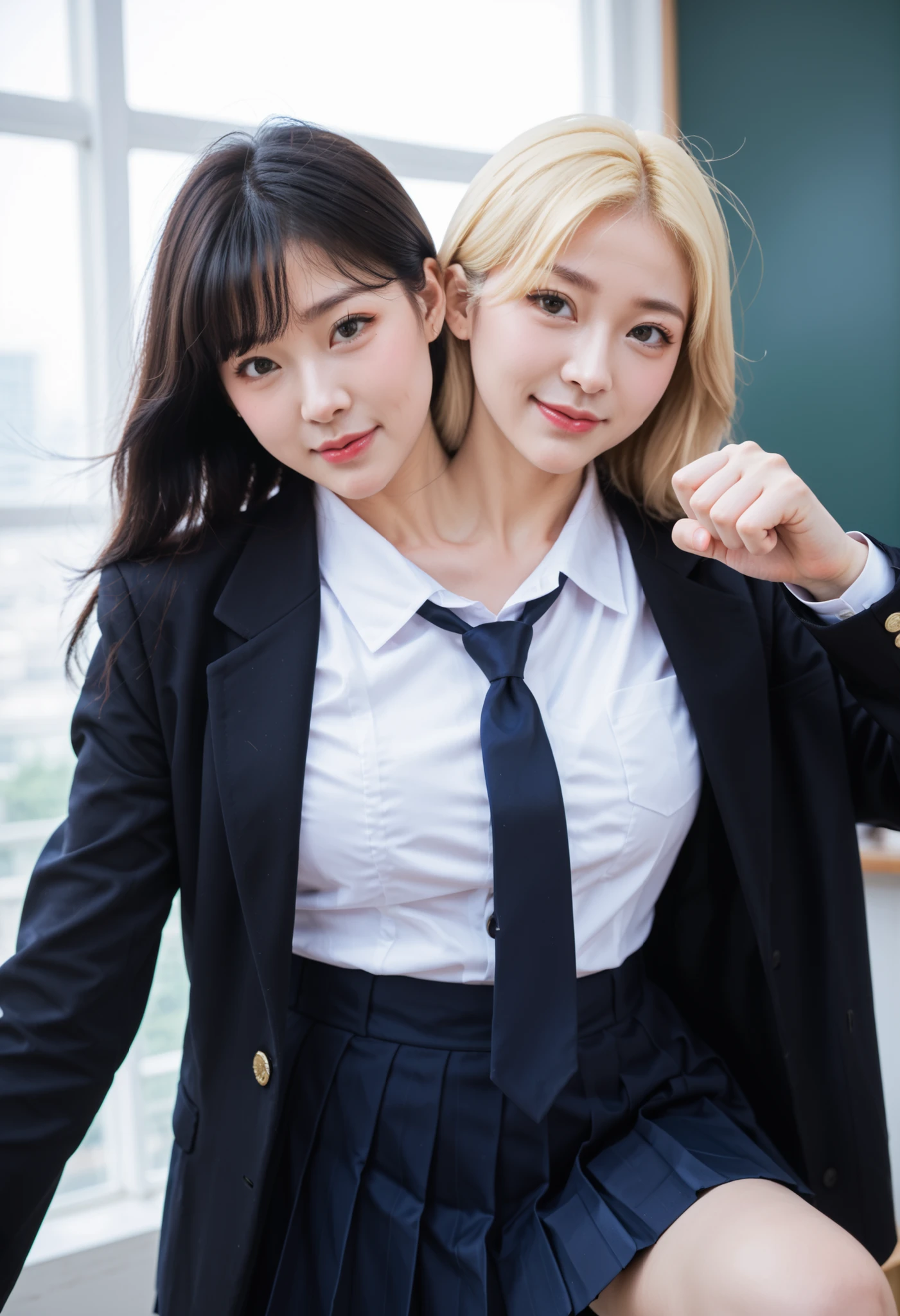 half-body shot, photorealistic, best resolution,korean woman with two heads, 2girls, different faces, heart-shaped face, rectangular face, button nose, straight nose, blonde hair, black hair, different hair lengths, long hair, short hair, , korean school uniform, different hair colors, uniform jacket, pleated skirt, knee-high socks, standing up, necktie , classroom, boxing stance