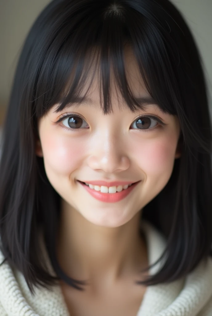 (Best-Quality, Masterpiece, Ultra-High-Resolution, (Photorealistic:1.4), Raw-Photo, Hyper-Detailed), 1girl, (Japanese famous actress), wearing loose sweater, portrait, face focus, (twinkle smile, looking at viewer), ((extremely cute face like a the most popular Japanese actress, amazingly beautiful big black eyes, beautiful black hair, very beautiful white skins)), detailed face, detailed eyes, detailed hair, detailed white skins