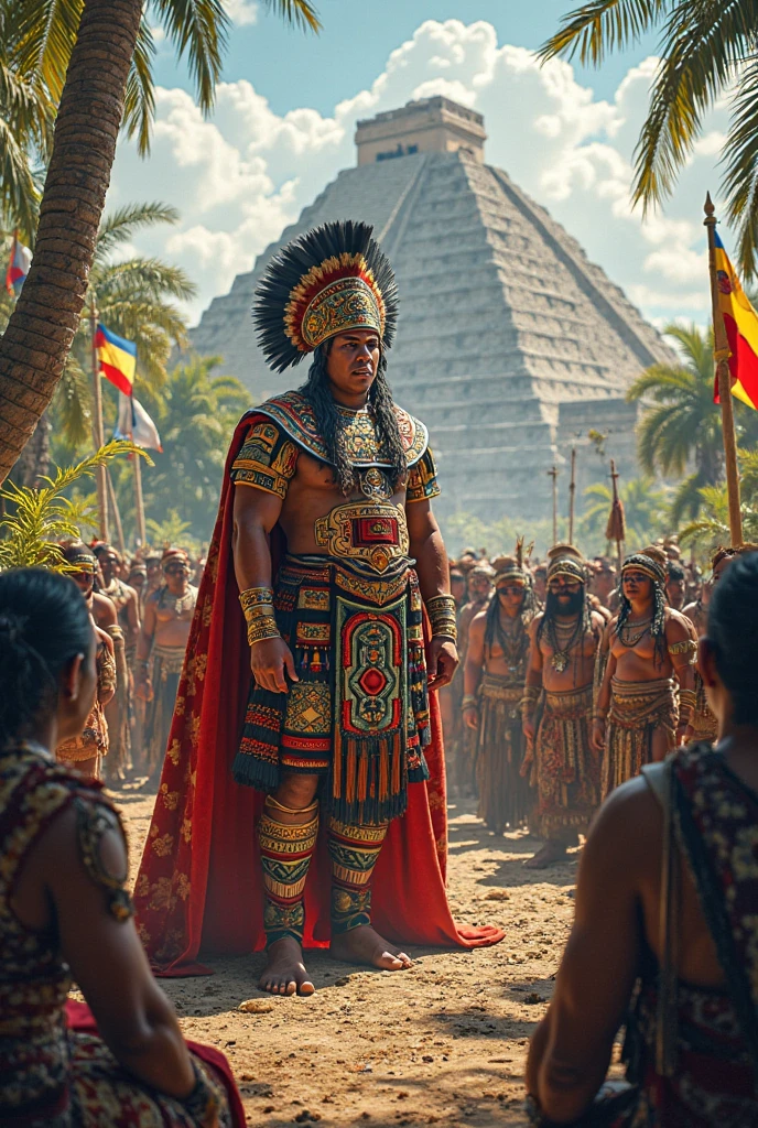 Mayan king being worshiped by slaves, at the top of the temple, sunny day in the background