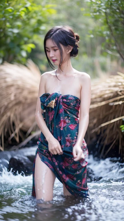 A Beautiful Girl, Age 18-25 years, long-haired, long-hairedถึงก้น, Fair-skinned, slim, enormous breasts, breast augmentation, small waist, flat stomach, elongated legs, waterfall, stream, river bank, natural, Thai sarong, Thai fabric pattern, bathe