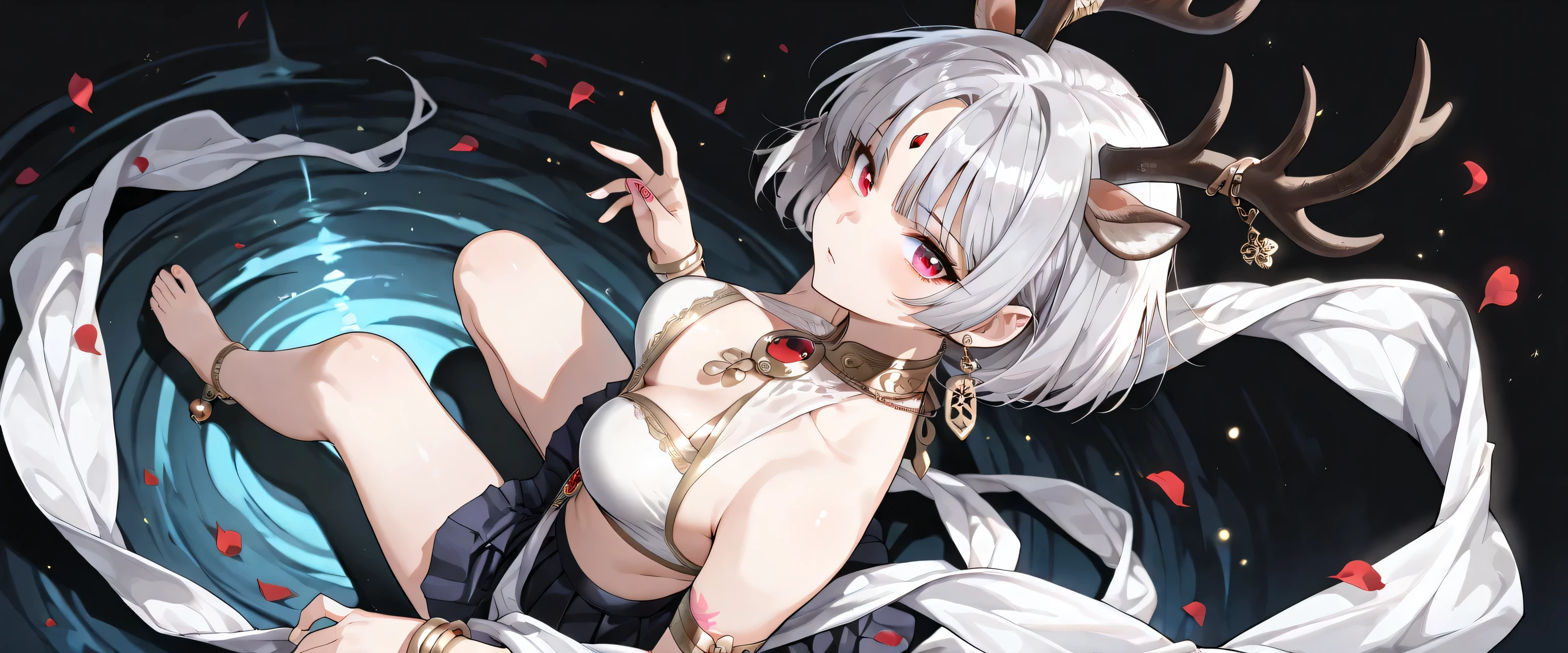 One girl, (Large: 1.4), Solo, Sheep horns, ((Hi-Res)), ((Masterpiece)), ((Best quality)), ((Very detailed)), (Very detailed)), Sexy, Long gray hair, Red eyes (Eyeliner), Nipples, Kimono, Red, Indoors, Mysterious red lighting, Roses, Ruins at night,