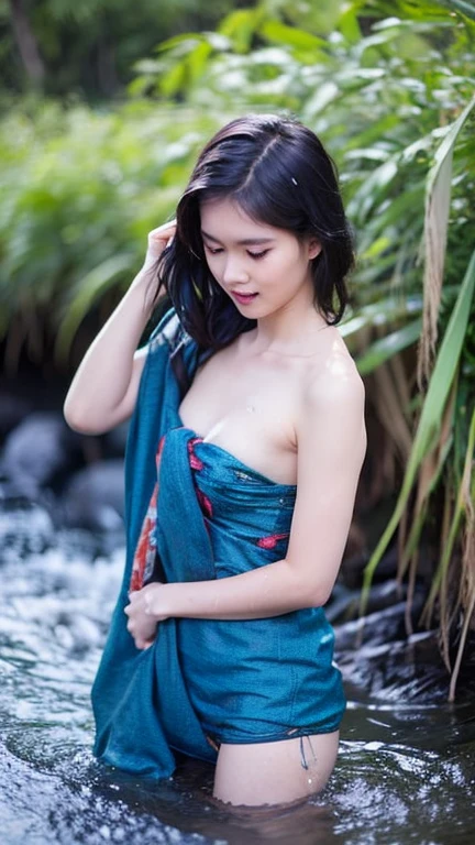 beautiful girl, long hair, Thai sarong, Thai pattern, shower,topless, Huge breasts, beautiful breasts, thin, thin, Flat stomach, Long legs, stream, river bank, natural