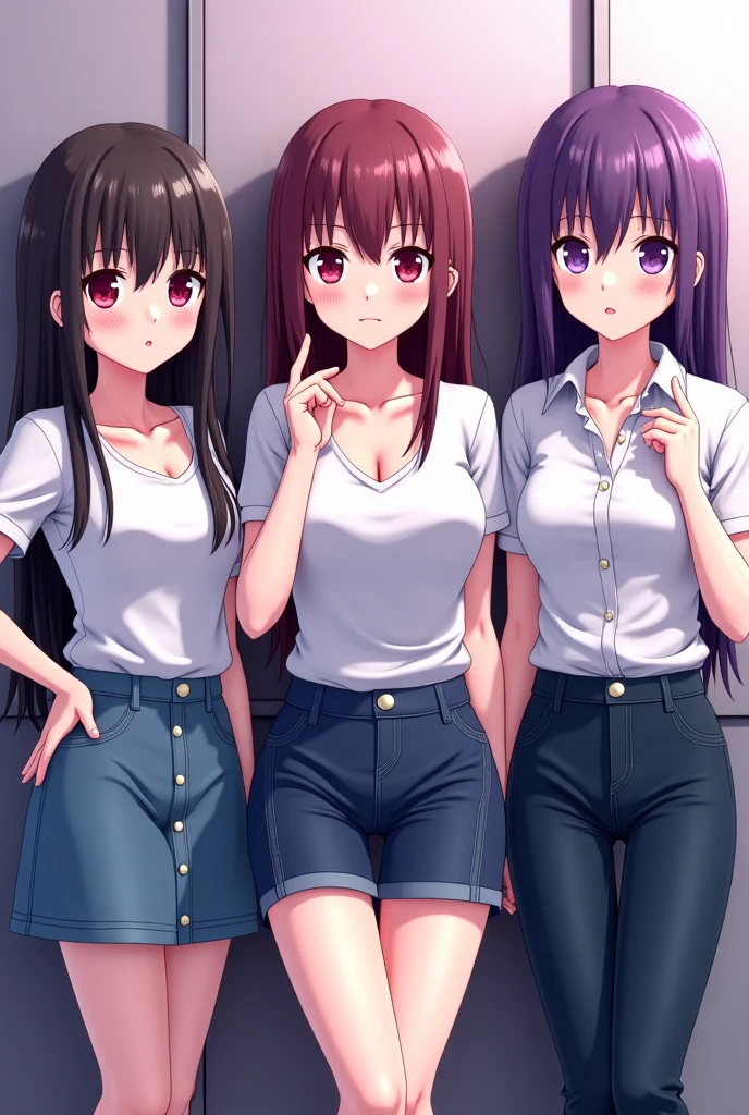 A beautiful woman with shoulder-length hair, big breasts, beautiful legs, and a sharp face is wearing gym clothes with a white top、She is standing in the school gymnasium wearing dark blue bloomers with the bottom shaped like panties.。