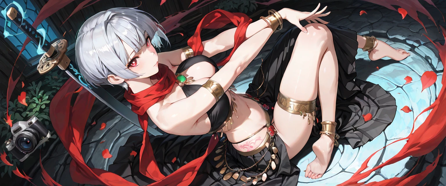 Master masterpiece, infinitely exquisite details, gorgeous and colorful picture, (((1girl))))), (one petite girl), (one hand covering face))))), posture of the second disease, handsome posture, short green hair, heterochromatic pupils, golden left eye and red right eye, wearing bikini armor and noble and delicate cape, flat chest, revealing belly, attractive waist, ((chain wrapped around the waist)), ((bandages on arms and legs)), (( Unwrapped bandages fluttering)), a large number of gray-black metallic ornaments